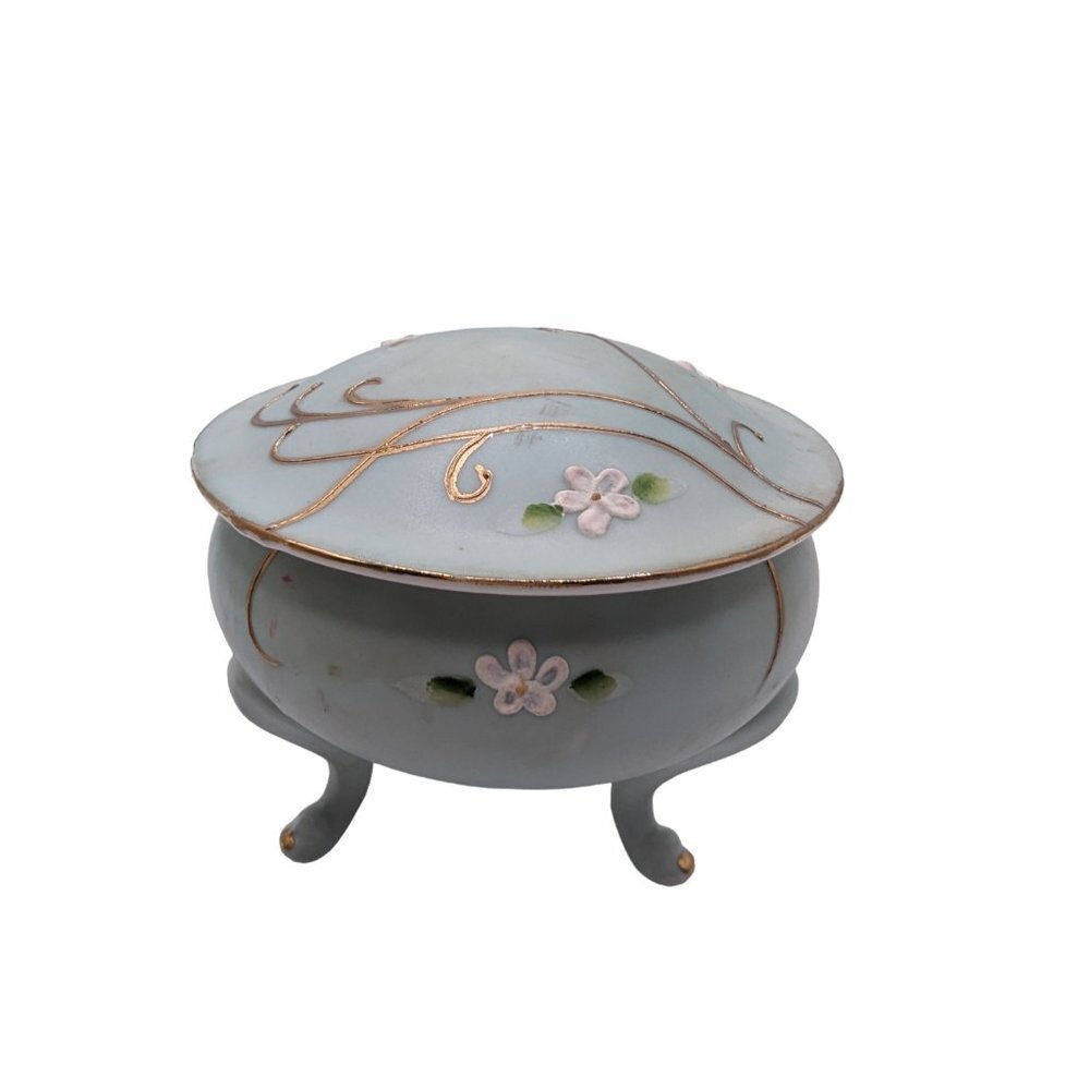 Vtg Ucagco Ceramics Japan Footed Trinket Box With Lid Hand Painted Lt Blue Gold